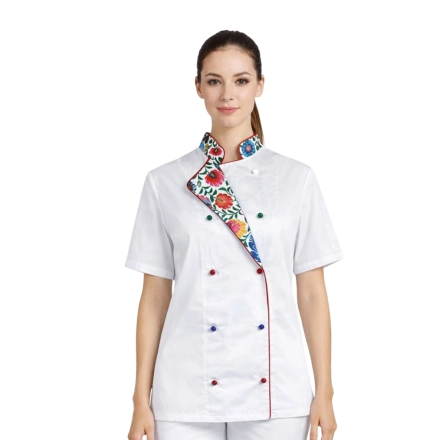 Bluza kucharska damska biała rękaw krótki lamówka wzór W3 (1061) roz. M – bluza kucharska – odzież gastronomiczna